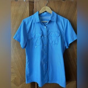 Cabelas size large blue gingham checked fishing shirt.  Built in UPF.